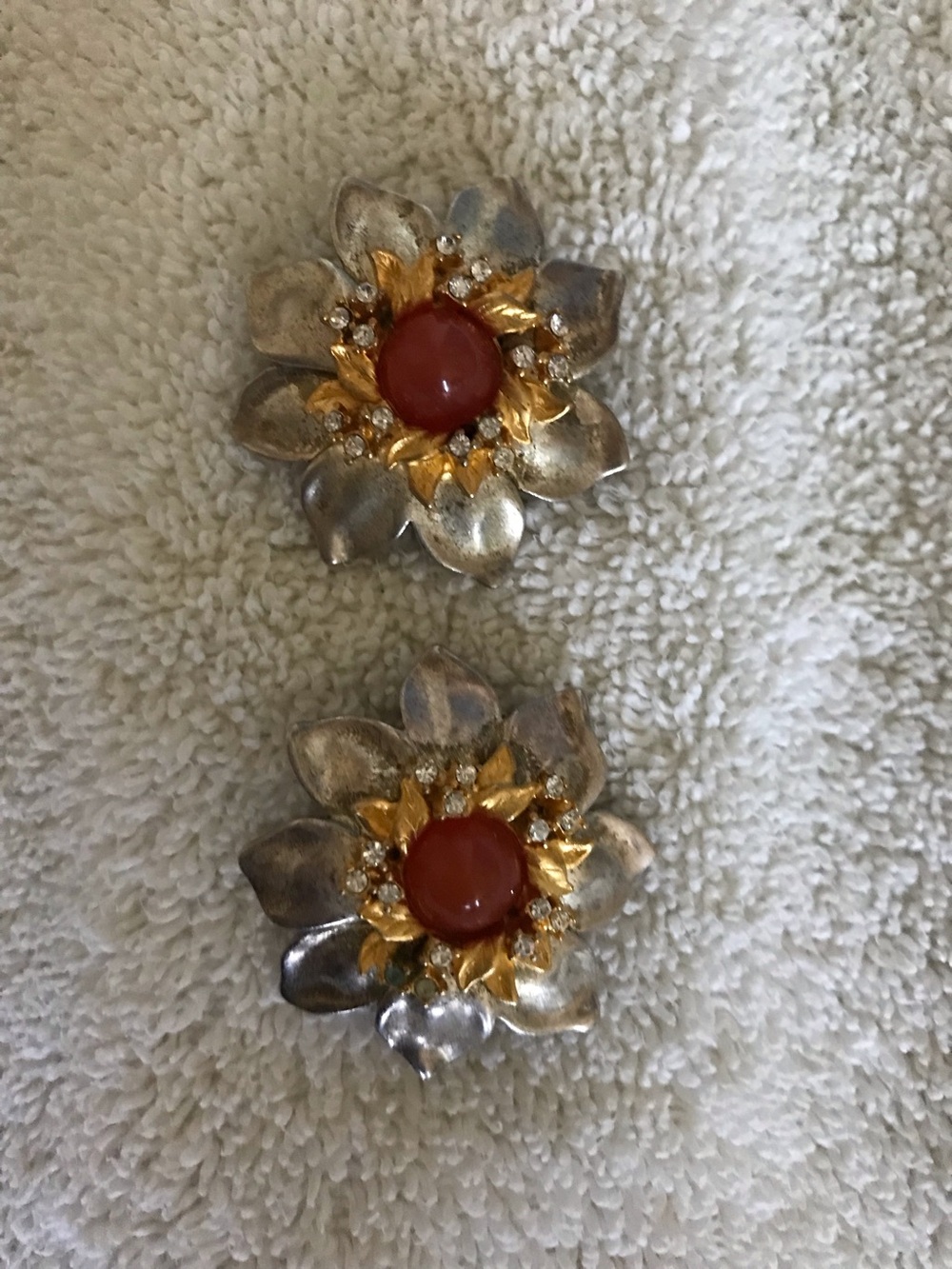 Gold & Silver Flower Clip Earrings with Red Center
